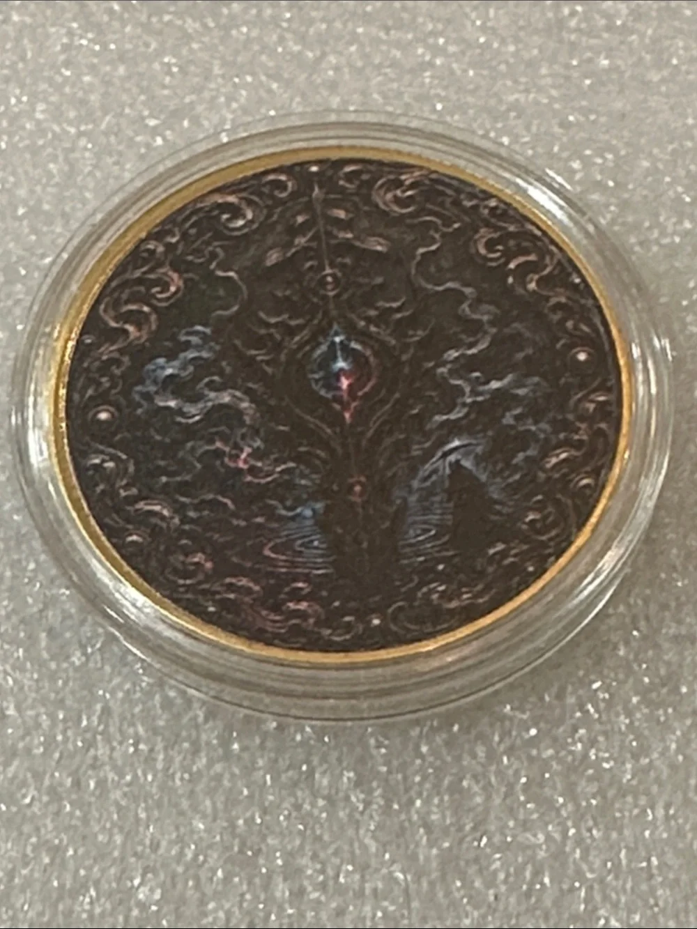 Round Black Enamel Ghost Coin with Gold Trim
